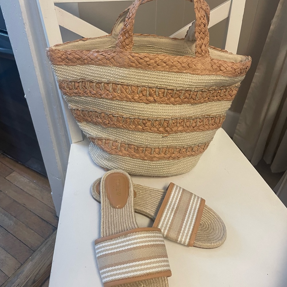 JCrew straw bag and sandals.